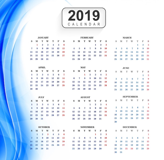 Vecteur calendrier 2019 modèle avec fond de vague