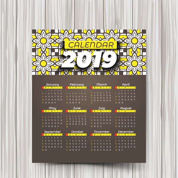 Vecteur calendrier 2019 avec des motifs colorés