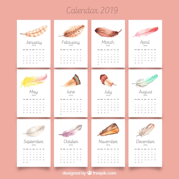 Calendrier 2019 Avec Des Plumes Aquarelles