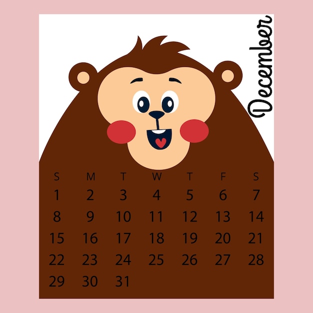 Calendrier 2019 Singe De Dessin Animé Drôle Mignondécembre Mois D'hiver