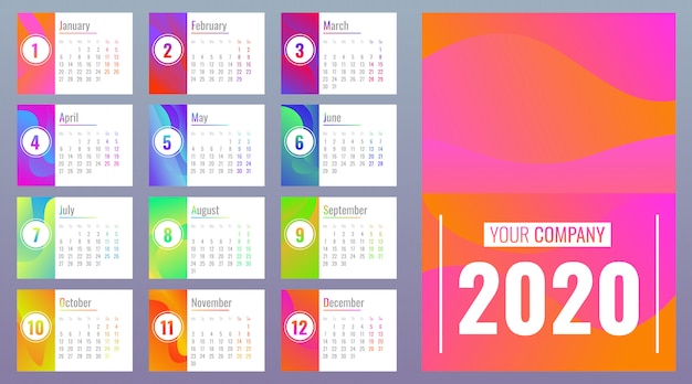 Calendrier 2020 avec mois, style cartoon