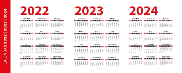 Calendrier 2022, 2023 Et 2024 Ans Isolés Sur Fond Blanc. La Semaine Commence Le Dimanche.