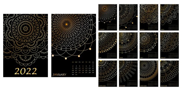 Calendrier 2022 Année Avec Des Motifs De Mandala La Semaine Commence Le Dimanche Illustration Vectorielle