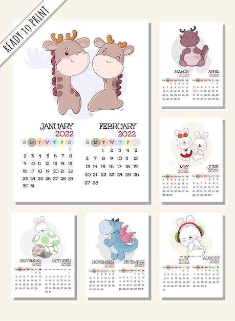 Calendrier 2022 Avec Illustration D'animaux De Dessin Animé Plat Illustration Animal Mignon Avec 12 Mois Cal