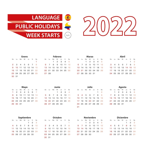 Calendrier 2022 en langue espagnole avec les jours fériés du pays de la Colombie en 2022.