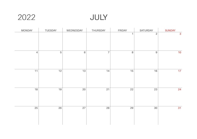 Calendrier 2022. Mois de juillet. Lundi début de semaine. Modèle de calendrier imprimable pour les planificateurs. Numéro de semaine. Style minimaliste.