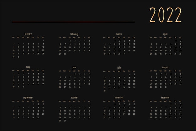 Calendrier 2022 pour planificateur personnel carnet de notes doré sur noir style riche et luxueux Format paysage horizontal La semaine commence le dimanche