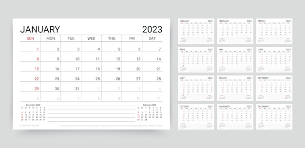 Vecteur calendrier 2023 année modèle de planificateur illustration vectorielle grille de calendrier de bureau