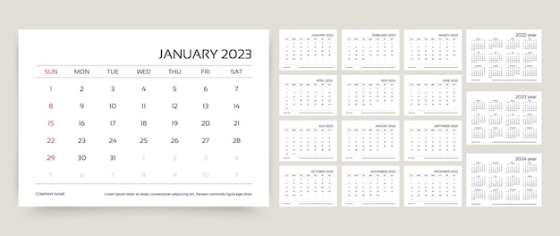 Calendrier 2023 Année Modèle De Planificateur Illustration Vectorielle Grille Mensuelle Du Calendrier