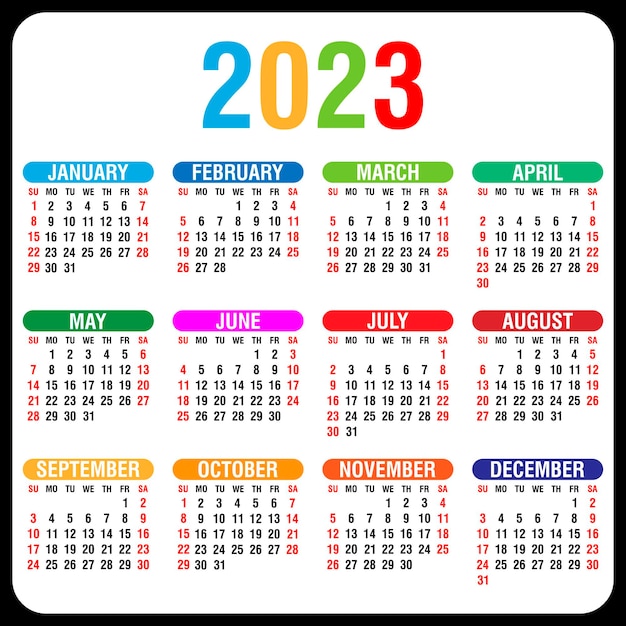 Calendrier 2023 Annuel. La Semaine Commence Le Dimanche. Illustration Vectorielle.