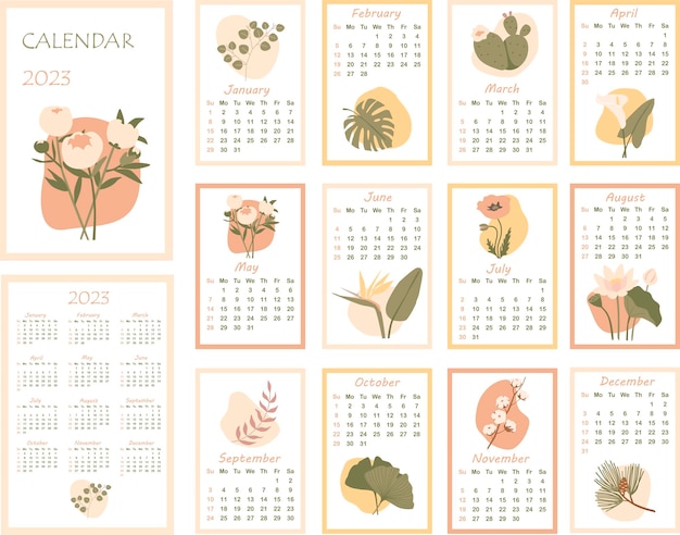 Vecteur calendrier 2023 calendrier mensuel minimaliste avec diverses plantes couverture et 12 pages mensuelles