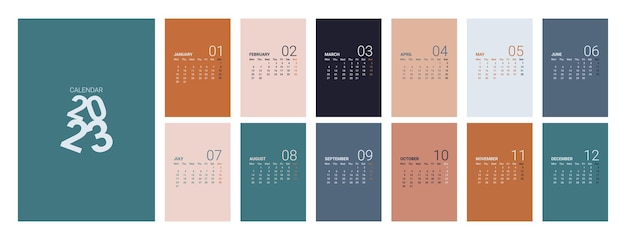 Vecteur calendrier 2023 avec des couleurs uniques et modernes utilisées.