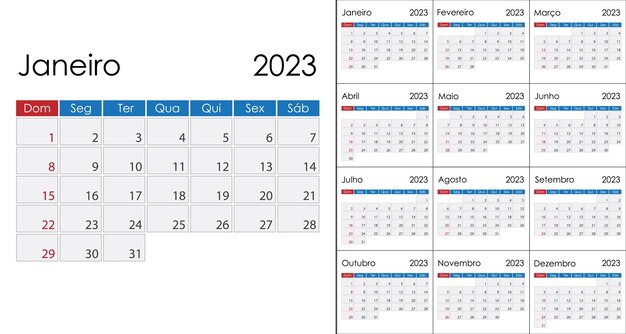 Vecteur calendrier 2023 sur le début de la semaine de la langue portugaise le dimanche modèle vectoriel