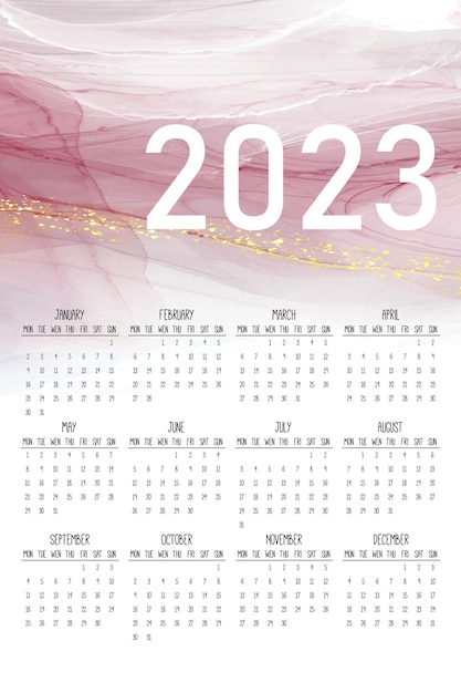 Calendrier 2023 Début De La Semaine Lundi Design Alcohol Ink Abstract Texture Background Couleur Rose Sur Fond Blanc