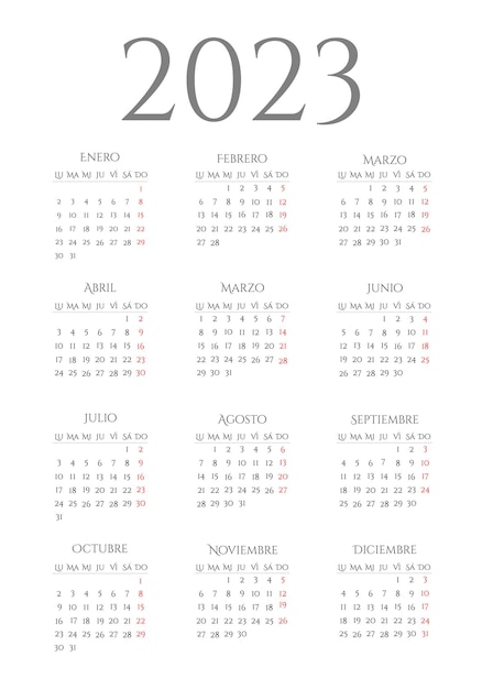 Calendrier De 2023 En Espagnol Début De La Semaine Lundi