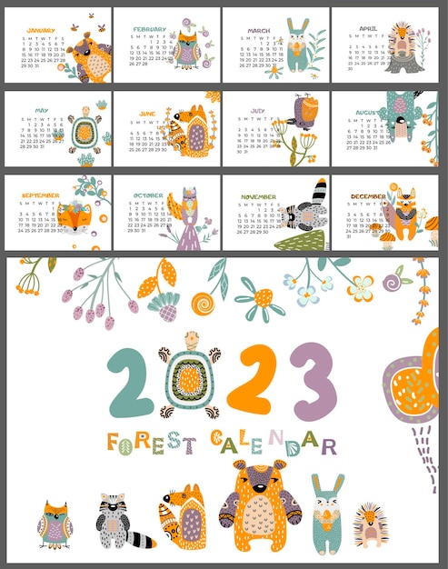 Vecteur calendrier 2023 forêt et animaux de style scandinave