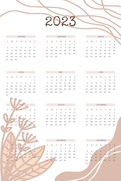 Vecteur calendrier 2023 avec des formes organiques dessinées à la main à la mode et des éléments botaniques floraux dans une palette neutre beige