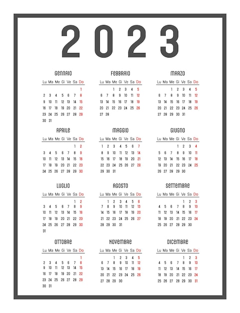 Calendrier 2023 en italien. Début de semaine lundi