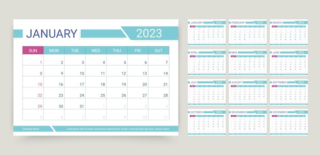 Calendrier 2023 Modèle De Planificateur Illustration Vectorielle Grille Mensuelle Du Calendrier