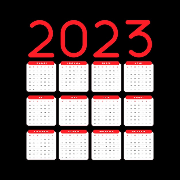 Vecteur calendrier 2023 noir et rouge lundi premier