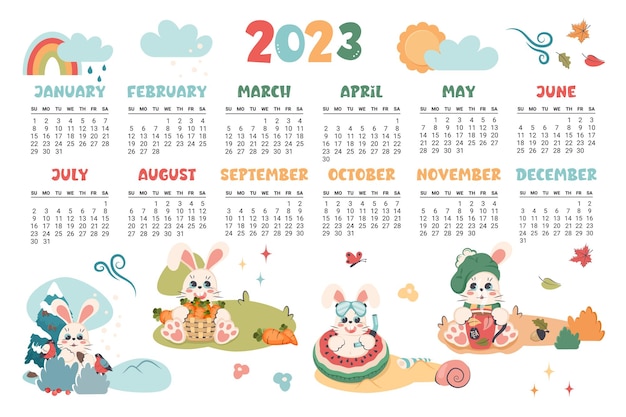 Vecteur calendrier 2023 planificateur horizontal avec lapin mignon en différentes saisons lapin de personnage de dessin animé comme symbole du nouvel an la semaine commence le dimanche illustration vectorielle plate