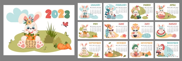 Calendrier 2023 Pour Chaque Mois Planificateur Horizontal Avec Lapin Mignon à Différentes Saisons Lapin De Personnage De Dessin Animé Comme Symbole Du Nouvel An La Semaine Commence Le Lundi Illustration Vectorielle Plate