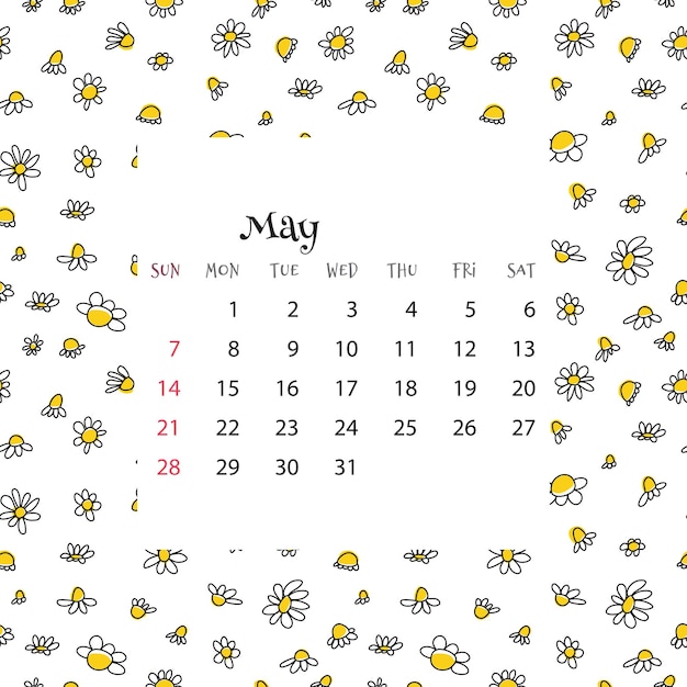 Calendrier 2023 pour mai Illustration vectorielle du calendrier du mois sur un modèle sans couture avec marguerites de doodle dans un style plat de dessin animé Fond coloré avec grille de mois