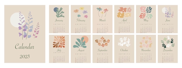 Calendrier 2023. La semaine commence le dimanche. Calendrier mural minimaliste avec fleurs printanières.