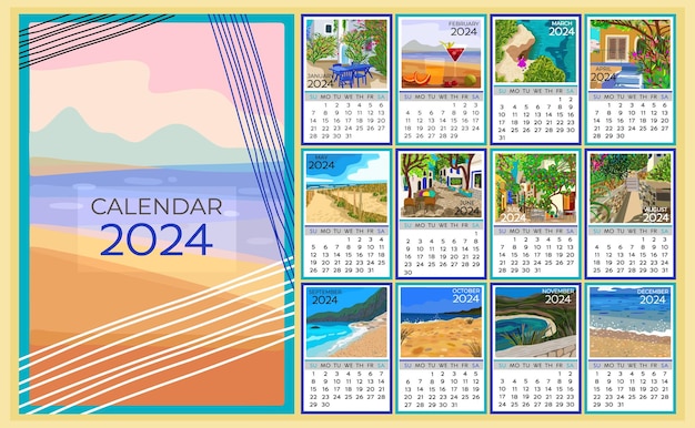 Vecteur calendrier 2024 calendrier mensuel coloré avec divers paysages du sud couverture et 12 pages mensuelles