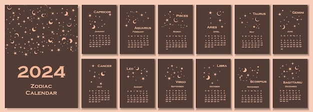 Vecteur calendrier 2024 conception de concept de calendrier avec constellation du zodiaque