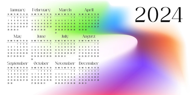 Calendrier 2024 Sur La Conception De Lumière De Fond Abstraite Avec Une Forme De Couleur Arc-en-ciel à Gradient Multicolore Sur Blanc