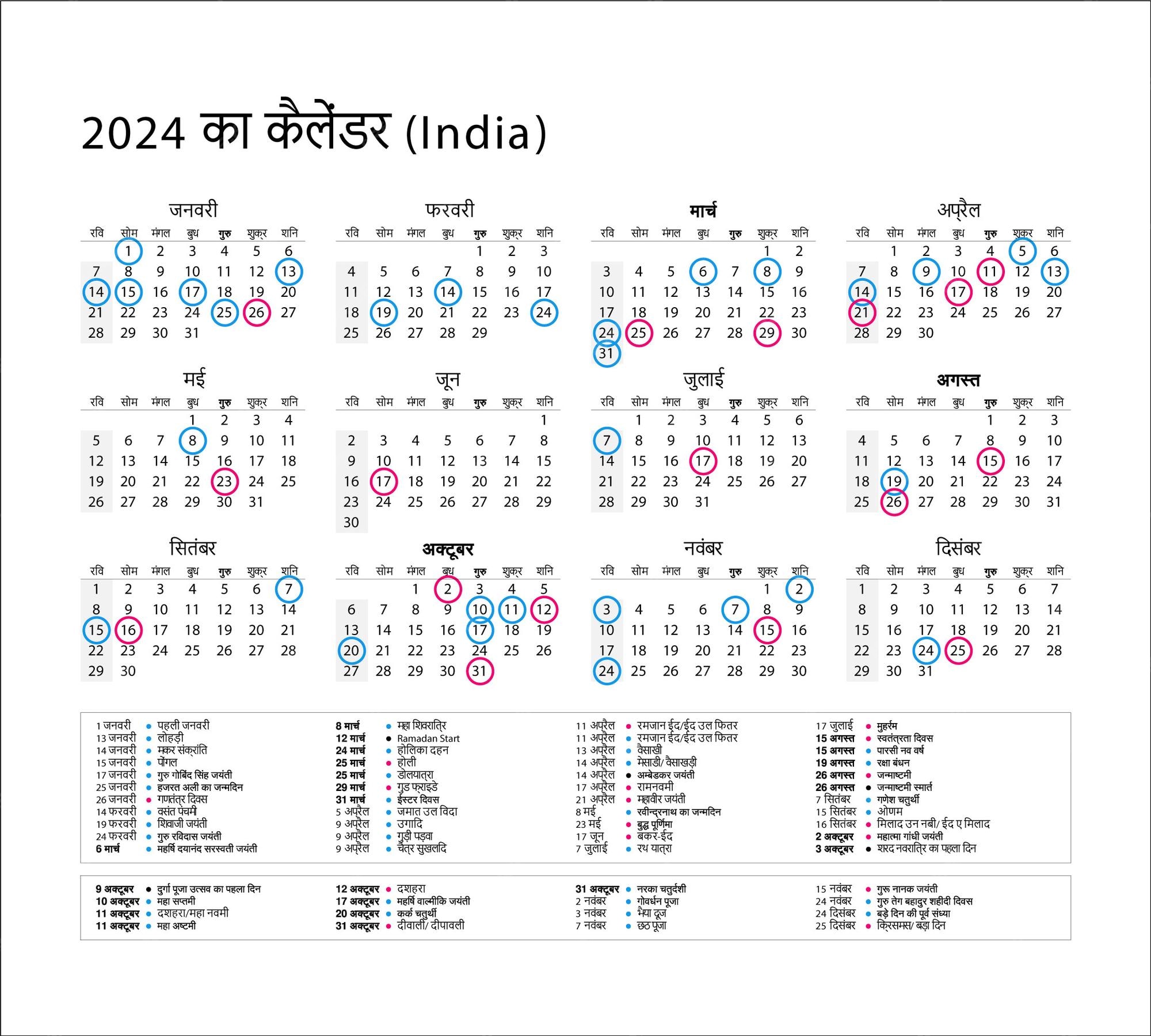 Calendrier 2024 Hindi Indien Vecteur Premium