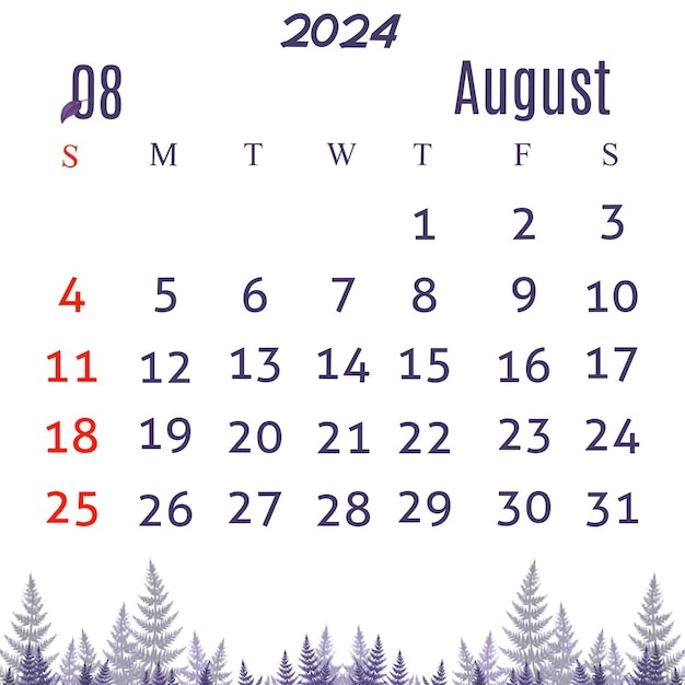 Vecteur calendrier 2024 avec une illustration esthétique de feuille violette foncée