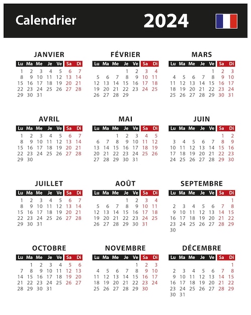 Vecteur calendrier 2024 - illustration de stock vectoriel. france, version française