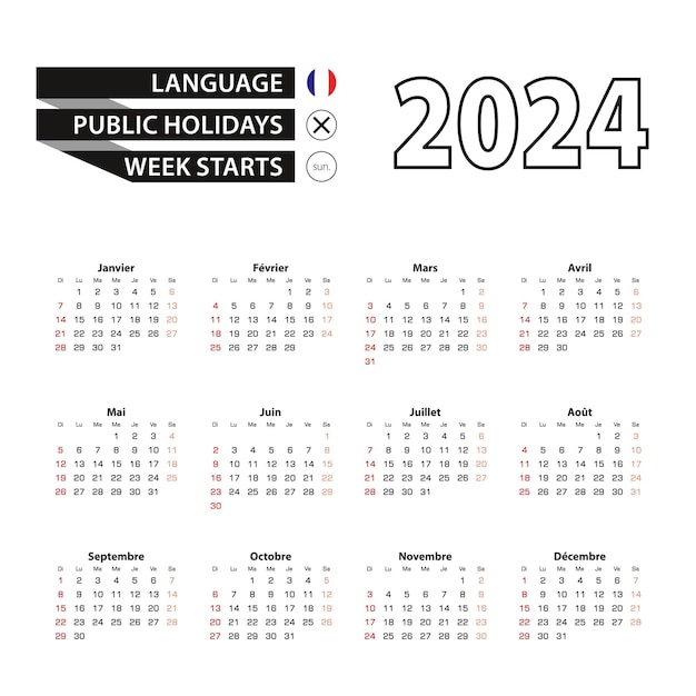 Vecteur calendrier 2024 en langue française la semaine commence à partir de dimanche