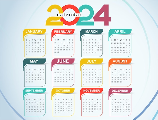 Vecteur calendrier 2024 modèle mensuel nouvel an illustration vectorielle annuelle propre isolée