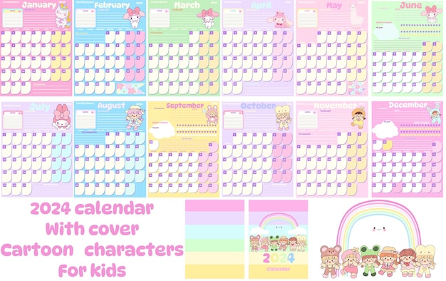 Calendrier 2024 Pour Enfants De 12 Mois, Personnage De Dessin Animé Animal  Et Couverture Arc-en-ciel Pour Filles, Couleur Kawaii