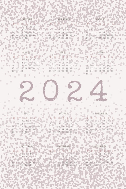 Vecteur calendrier 2024 avec texte dactylographié et points de bruit texturés modèle annuel vertical de couleur poussiéreuse pour impression et numérique la semaine commence le dimanche