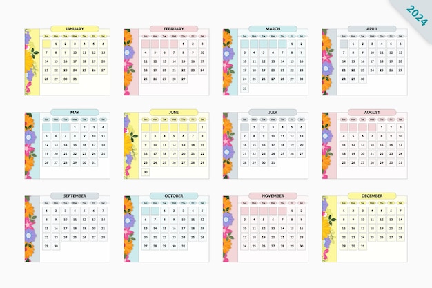 Vecteur calendrier 2024 avec thème de conception de fleurs