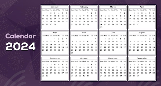 Vecteur calendrier 2024 en violet