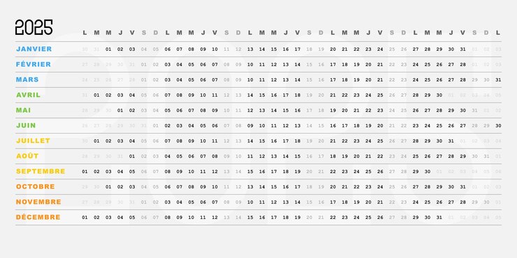 Vecteur calendrier 2025 conception modifiable dates simples uniques horizontale couleur pastel