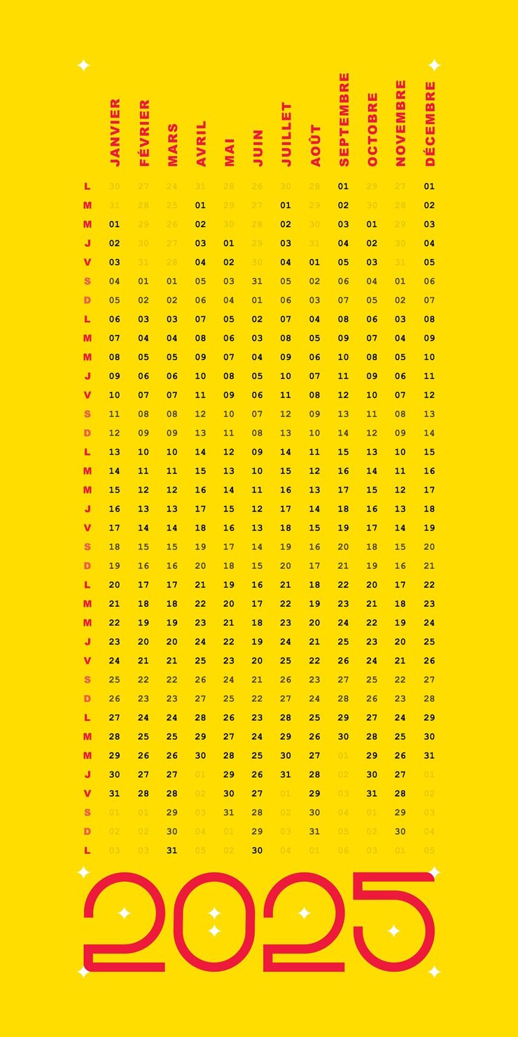 Vecteur calendrier 2025 dates francaises conception verticale simple modifiable couleur jaune rouge orange