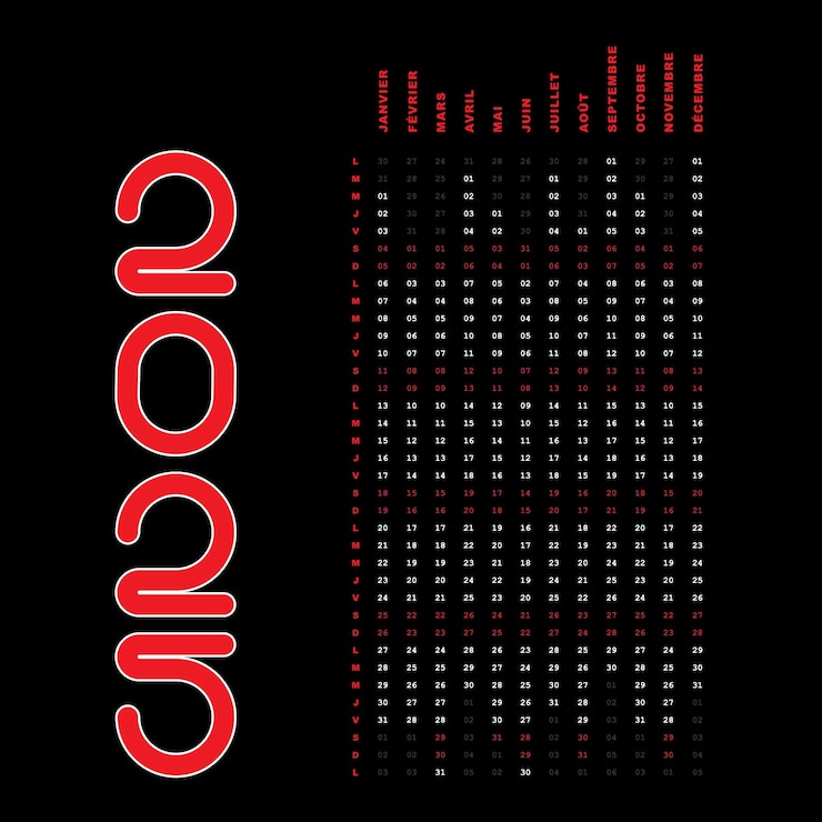 Vecteur calendrier 2025 dates francaises conception verticale simple modifiable couleur noir rouge