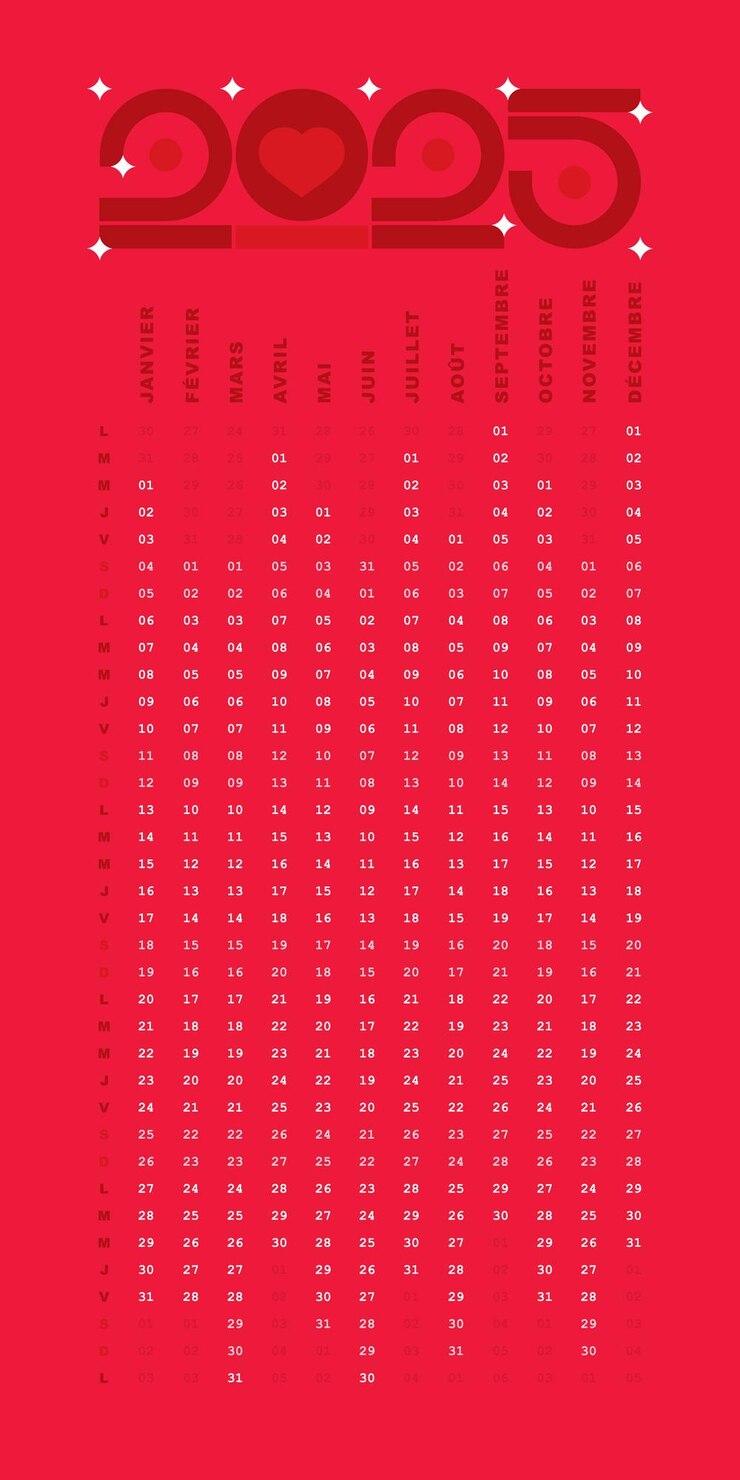 Vecteur calendrier 2025 dates francaises conception verticale simple modifiable couleur rouge