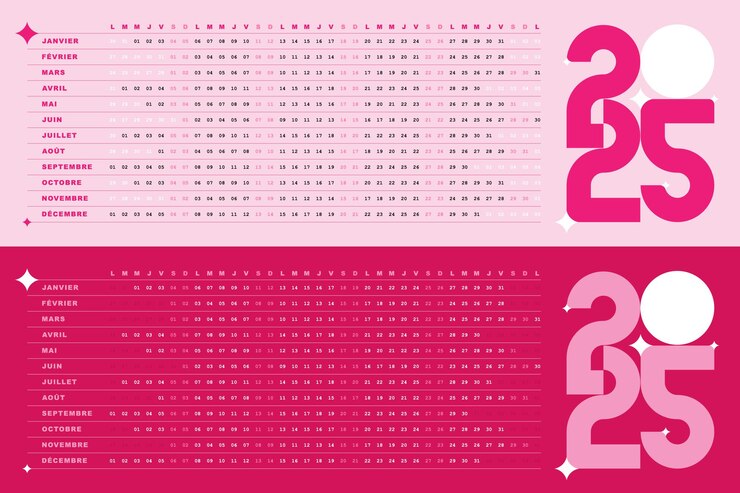 Vecteur calendrier 2025 design modifiable dates créatives uniques couleur rose horizontale
