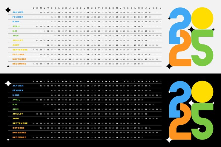 Vecteur calendrier 2025 design modifiable dates créatives uniques couleurs horizontales