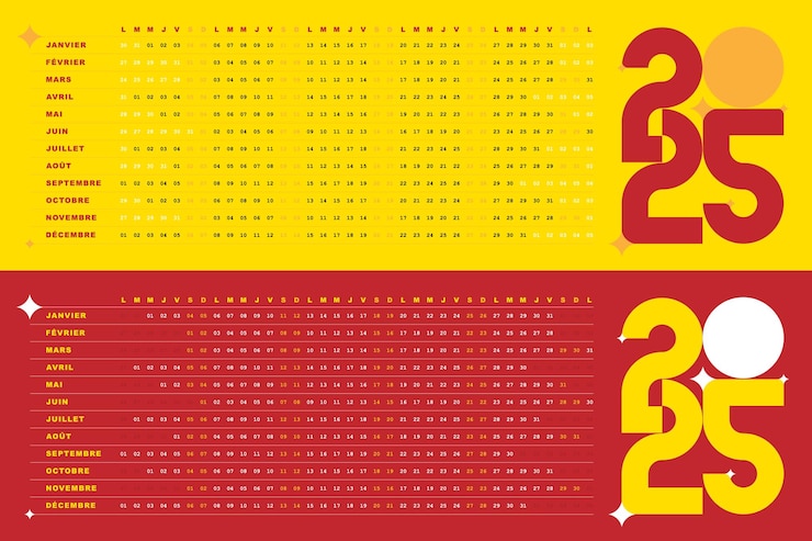 Vecteur calendrier 2025 design modifiable dates créatives uniques horizontales couleur jaune et rouge