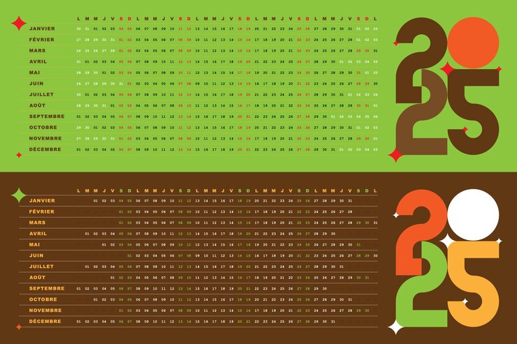 Vecteur calendrier 2025 design modifiable dates créatives uniques horizontales couleur vert et orange