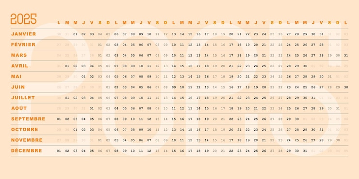 Vecteur calendrier 2025 design modifiable dates simples uniques horizontales couleur pastel orange
