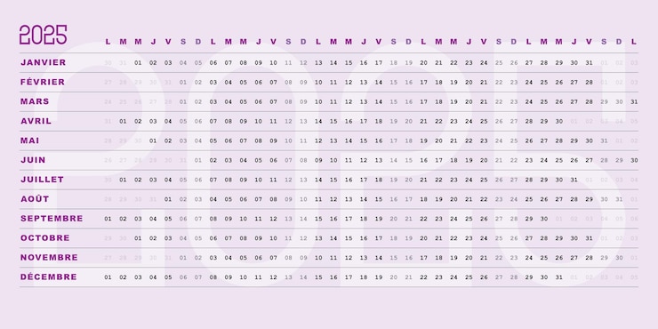 Vecteur calendrier 2025 design modifiable dates simples uniques horizontales couleur pastel violet